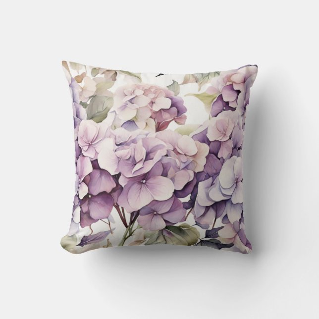 Elegant pink purple watercolor hydrangeas  throw pillow (Front)