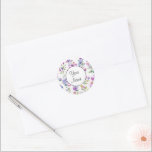 Elegant pink purple watercolor wildflowers  classic round sticker<br><div class="desc">Elegant pink purple watercolor wildflowers greenery - Perfect for spring, summer, or fall events. Beautiful pink wildflower watercolor artwork for country, boho, garden, and floral theme occasions. To get started changing names and event details, click on "Personalize this template" and edit the wording in the template boxes. To access the...</div>