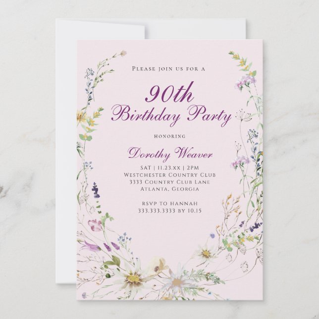 Elegant Pink Purple Wildflower 90th Birthday Party Invitation (Front)