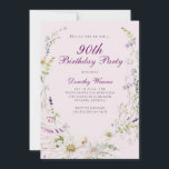 Elegant Pink Purple Wildflower 90th Birthday Party Invitation<br><div class="desc">Elegant Pink Purple Wildflower 90th Birthday Party Invitation</div>