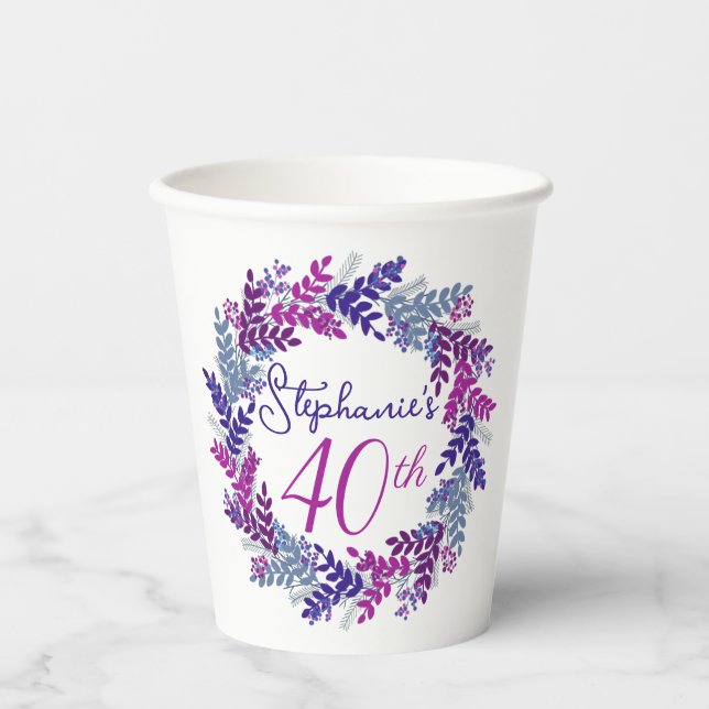 Elegant Pink Purple Wreath 40th Birthday Party Paper Cups (Front)