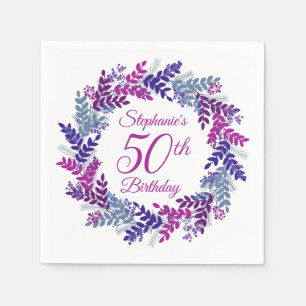 Elegant Pink Purple Wreath 50th Birthday Napkin