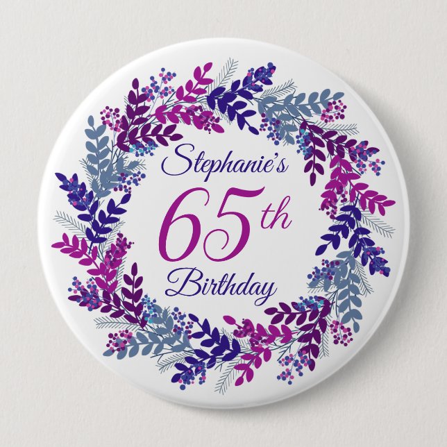 Elegant Pink Purple Wreath 65th Birthday 4 Inch Round Button (Front)