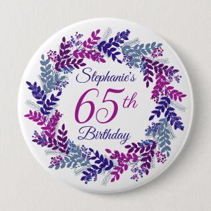 Elegant Pink Purple Wreath 65th Birthday 4 Inch Round Button