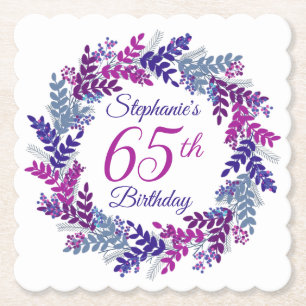Elegant Pink Purple Wreath 65th Birthday Paper Coaster