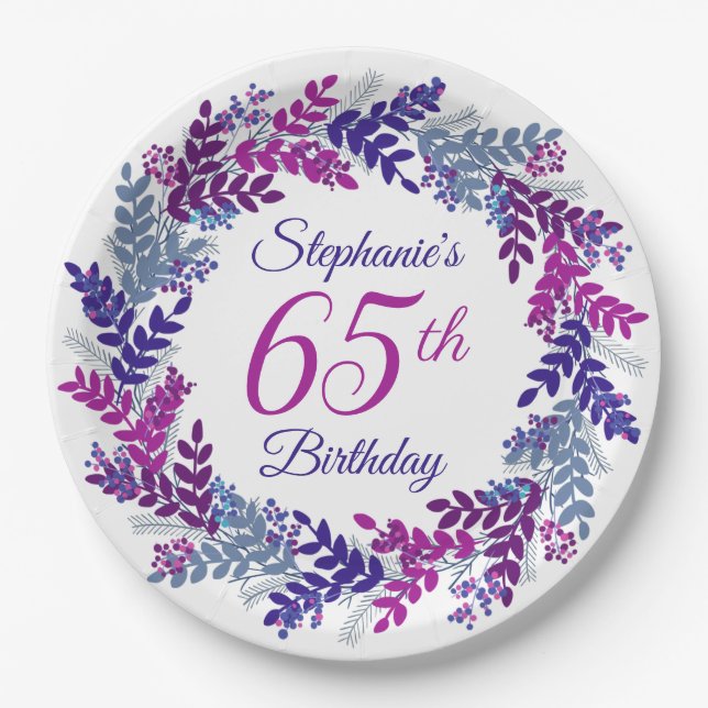 Elegant Pink Purple Wreath 65th Birthday Paper Plate (Front)