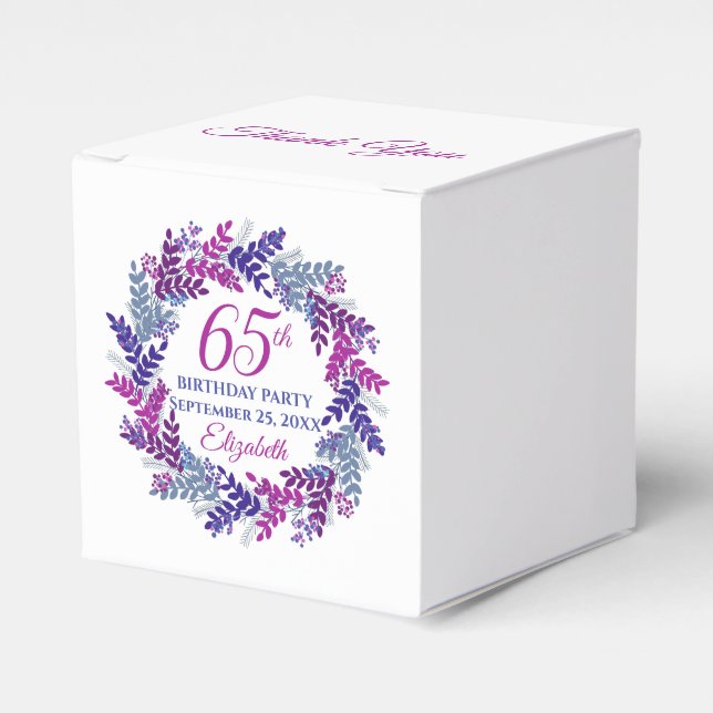 Elegant Pink Purple Wreath 65th Birthday Party Favor Box (Front Side)
