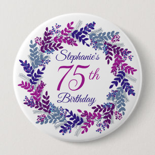 Elegant Pink Purple Wreath 75th Birthday 4 Inch Round Button