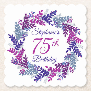 Elegant Pink Purple Wreath 75th Birthday Paper Coaster
