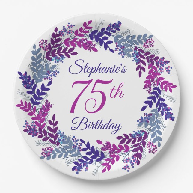 Elegant Pink Purple Wreath 75th Birthday Paper Plate (Front)