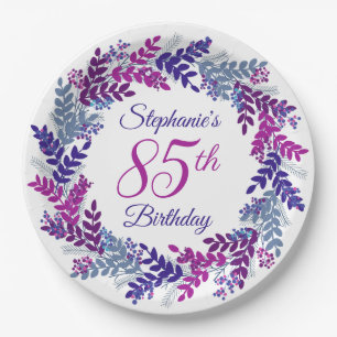 Elegant Pink Purple Wreath 85th Birthday Paper Plate