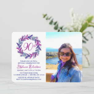 Elegant Pink Purple Wreath 90th Birthday Party Invitation