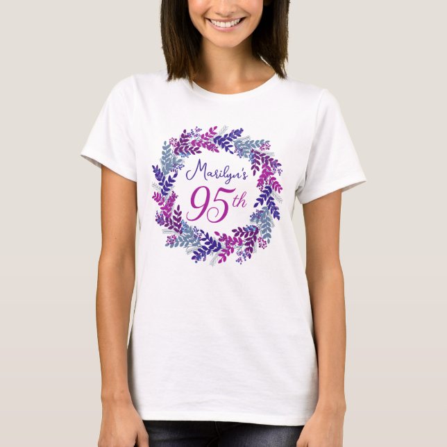 Elegant Pink Purple Wreath Monogram 95th Birthday T-Shirt (Front)