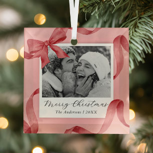 Elegant Pink Red Bow Photo Holiday Glass Ornament