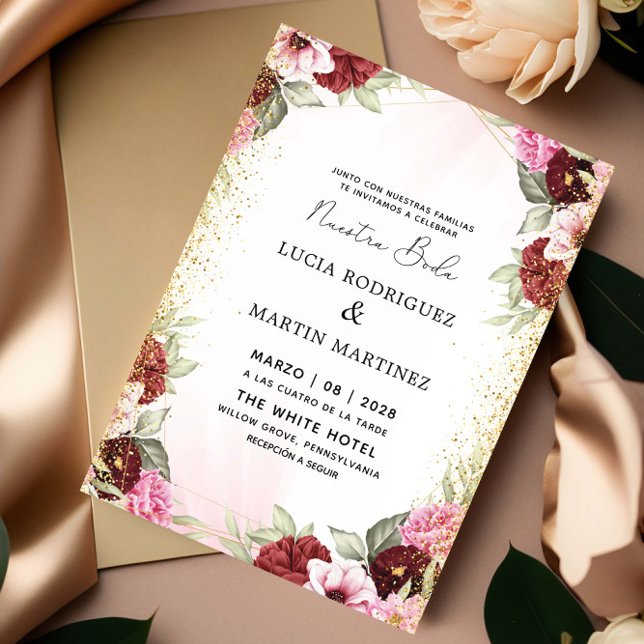 Elegant Pink, Red Floral Gold Spanish Nuestra Boda Invitation (Creator Uploaded)