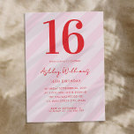 Elegant Pink Red Modern 16th Birthday Invitation<br><div class="desc">Create your own personalized 16th birthday invitations featuring modern typography and striped pink pattern background</div>