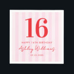Elegant Pink Red Modern 16th Birthday Napkin<br><div class="desc">Create your own personalized 16th birthday party napkins featuring modern typography and striped pink pattern background</div>