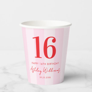 Elegant Pink Red Modern 16th Birthday Paper Cups