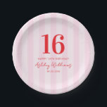 Elegant Pink Red Modern 16th Birthday Paper Plate<br><div class="desc">Create your own personalized 16th birthday party plates featuring modern typography and striped pink pattern background</div>