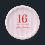 Elegant Pink Red Modern 16th Birthday Paper Plate<br><div class="desc">Create your own personalized 16th birthday party plates featuring modern typography and striped pink pattern background</div>
