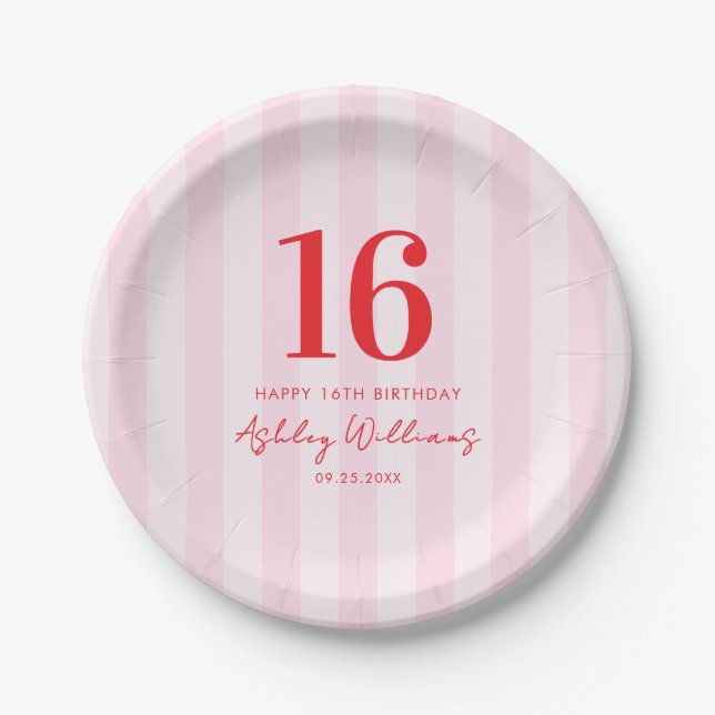 Elegant Pink Red Modern 16th Birthday Paper Plate (Front)