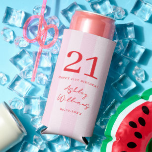 Elegant Pink Red Modern 21st Birthday Seltzer Can Cooler