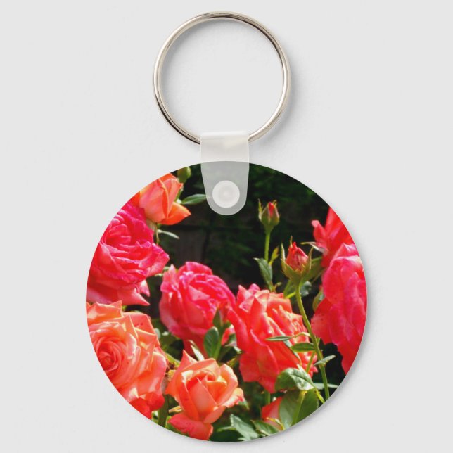 Elegant pink red orange floral roses keychain (Front)