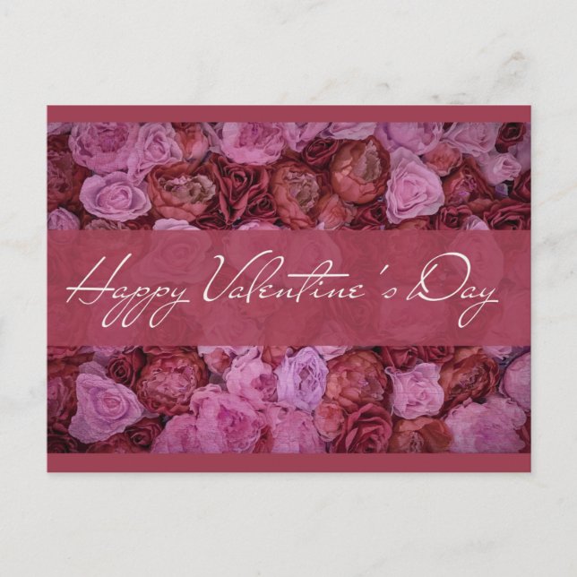 Elegant Pink Red Rose Floral Happy Valentines Day Postcard (Front)