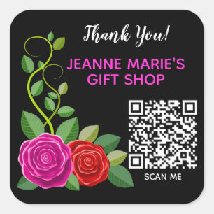 Elegant Pink & Red Rose Flower Thank You QR Code Square Sticker