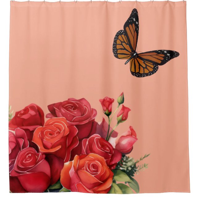Elegant Pink Red Roses & Butterfly Shower Curtain (Front)