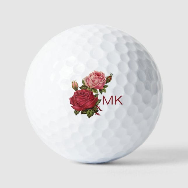 Elegant Pink Red Roses Monogrammed Ladies Golf Balls (Front)