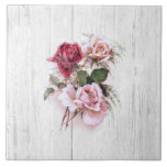 Elegant Pink & Red Roses on Whitewashed Wood Tile<br><div class="desc">Simple and elegant spray of vintage pink,  red and blush roses,  foliage and asparagus ferns on subtle rustic whitewashed wood background. Room for your name or monogram.</div>