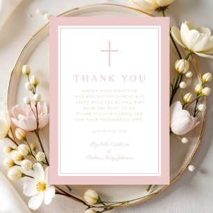 Elegant Pink Religious Cross Girl Baptism Thank You Card