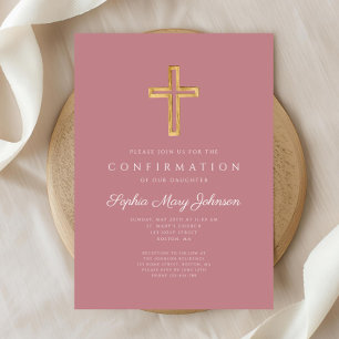 Elegant Pink Religious Cross Girl Confirmation Invitation