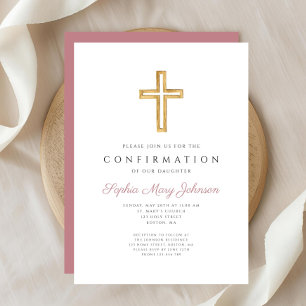 Elegant Pink Religious Cross Girl Confirmation Invitation