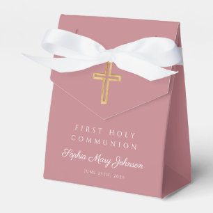 Elegant Pink Religious Cross Girl First Communion Favor Box