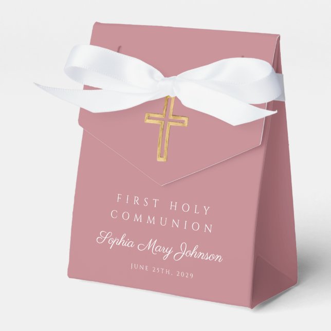 Elegant Pink Religious Cross Girl First Communion Favor Box (Front Side)