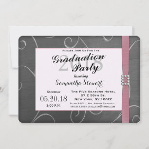 Elegant Pink Ribbon and Diamond on Grey Swirls Invitation