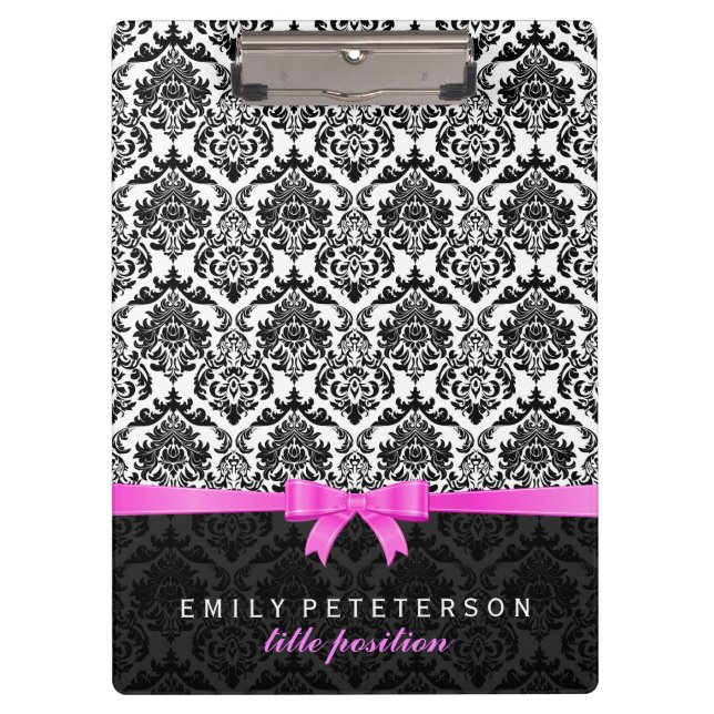 Elegant Pink Ribbon Black & White Damasks Clipboard (Front)