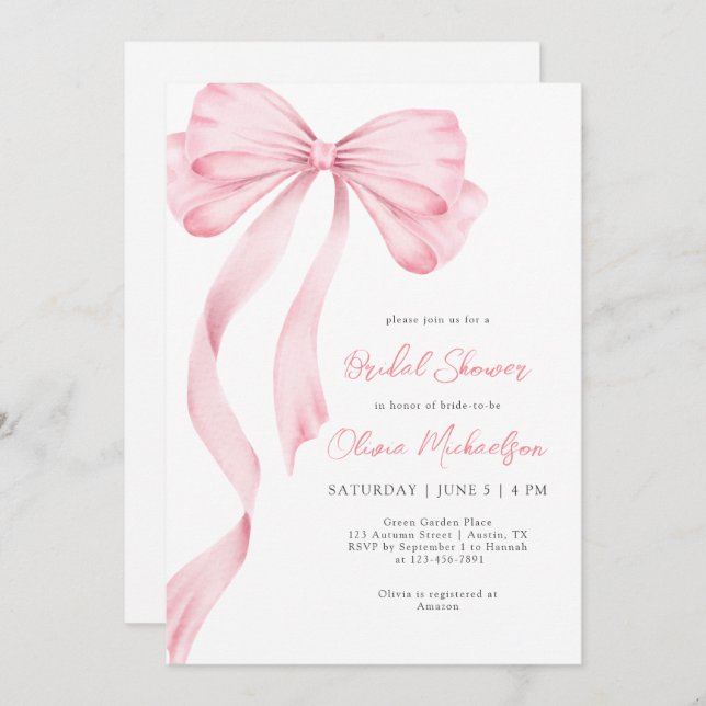 Elegant Pink Ribbon Bow Coquette Bridal Shower Invitation (Front/Back)