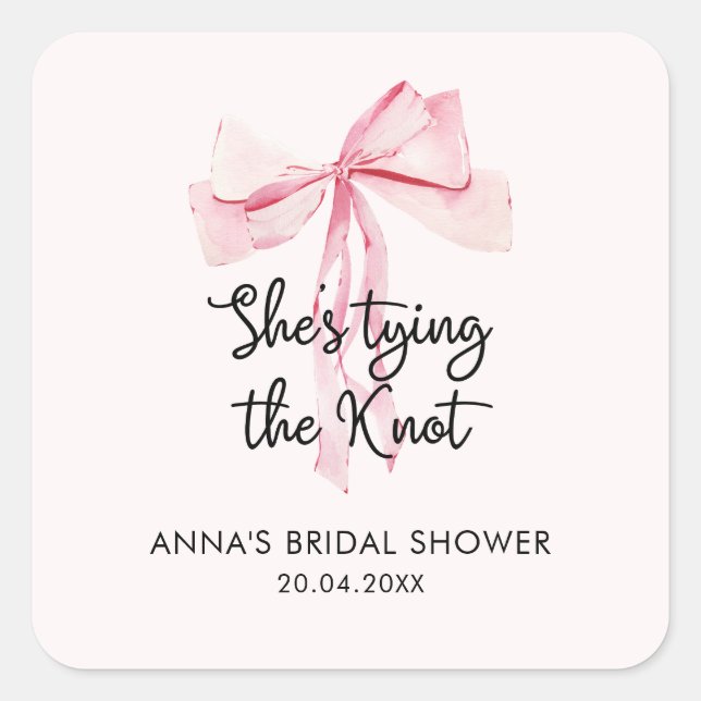 Elegant Pink Ribbon Bridal Shower Square Sticker (Front)