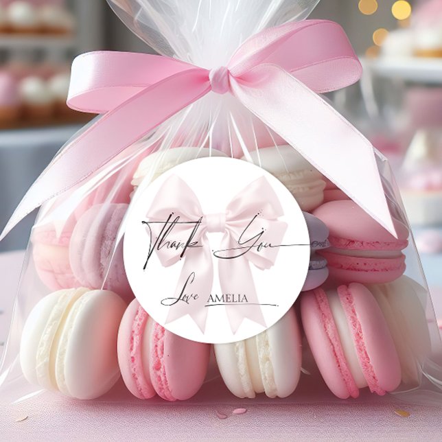 Elegant Pink Ribbon Thank You Classic Round Sticker (Creator Uploaded)