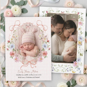 Elegant Pink Ribbon Wildflower Birth Announcement