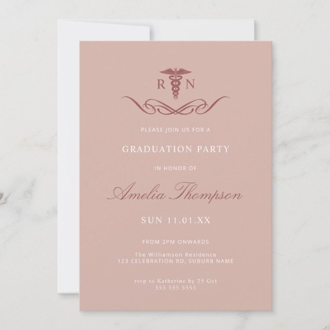 Elegant Pink RN Grad Party Nurse Graduation Invitation (Front)