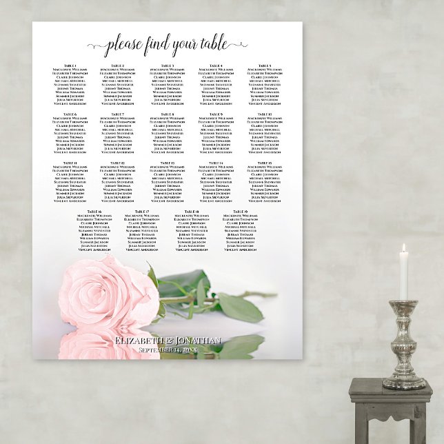 Elegant Pink Rose 19 Table Wedding Seating Chart (In Situ on Wall)
