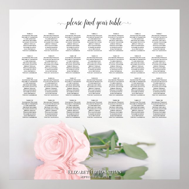 Elegant Pink Rose 28 Table Wedding Seating Chart (Front)