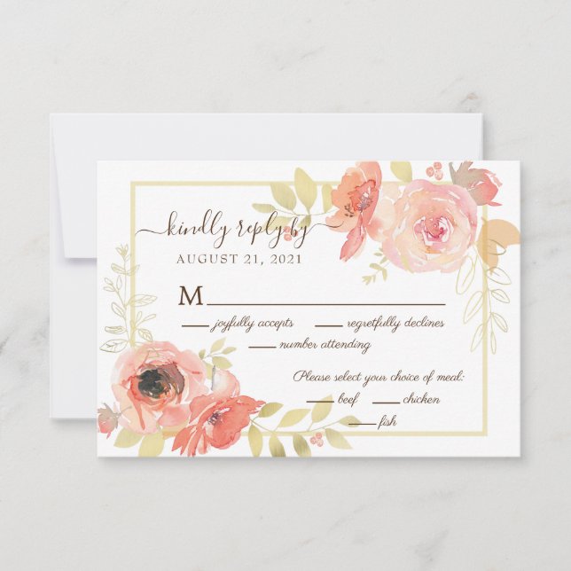 Elegant Pink Rose and Gold Frame Floral Wedding RSVP Card (Front)