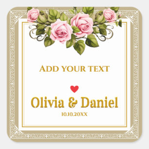 Elegant Pink Rose and Gold Script Wedding Square Sticker