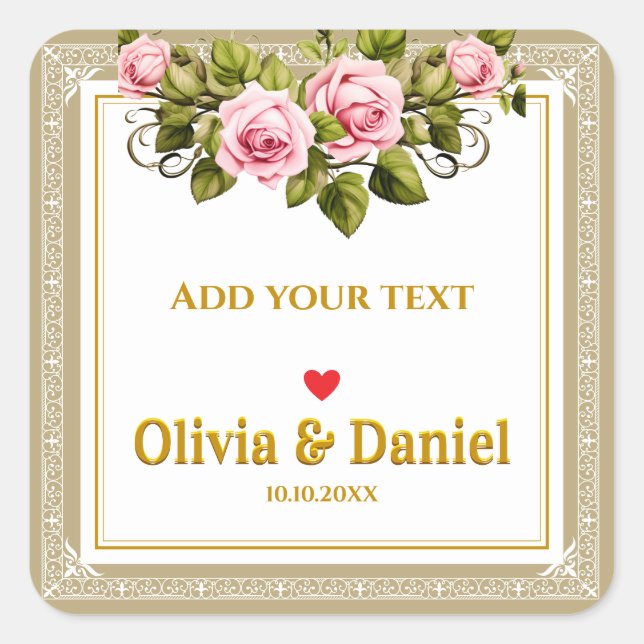 Elegant Pink Rose and Gold Script Wedding Square Sticker (Front)