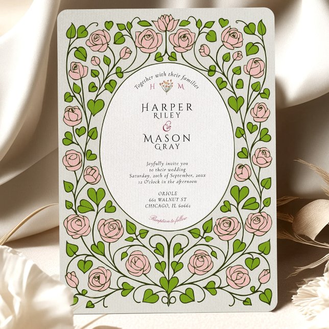 Elegant Pink Rose and Green Heart Wedding Invitation (Creator Uploaded)